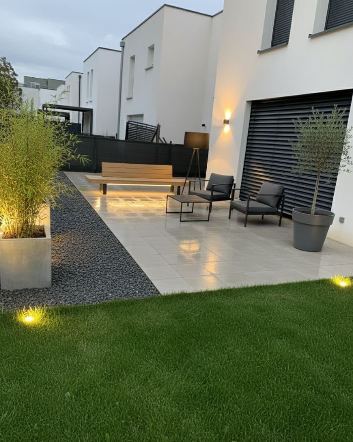 Dalle béton réalisée pour terrasse et accès extérieur devant une maison contemporaine en Alsace