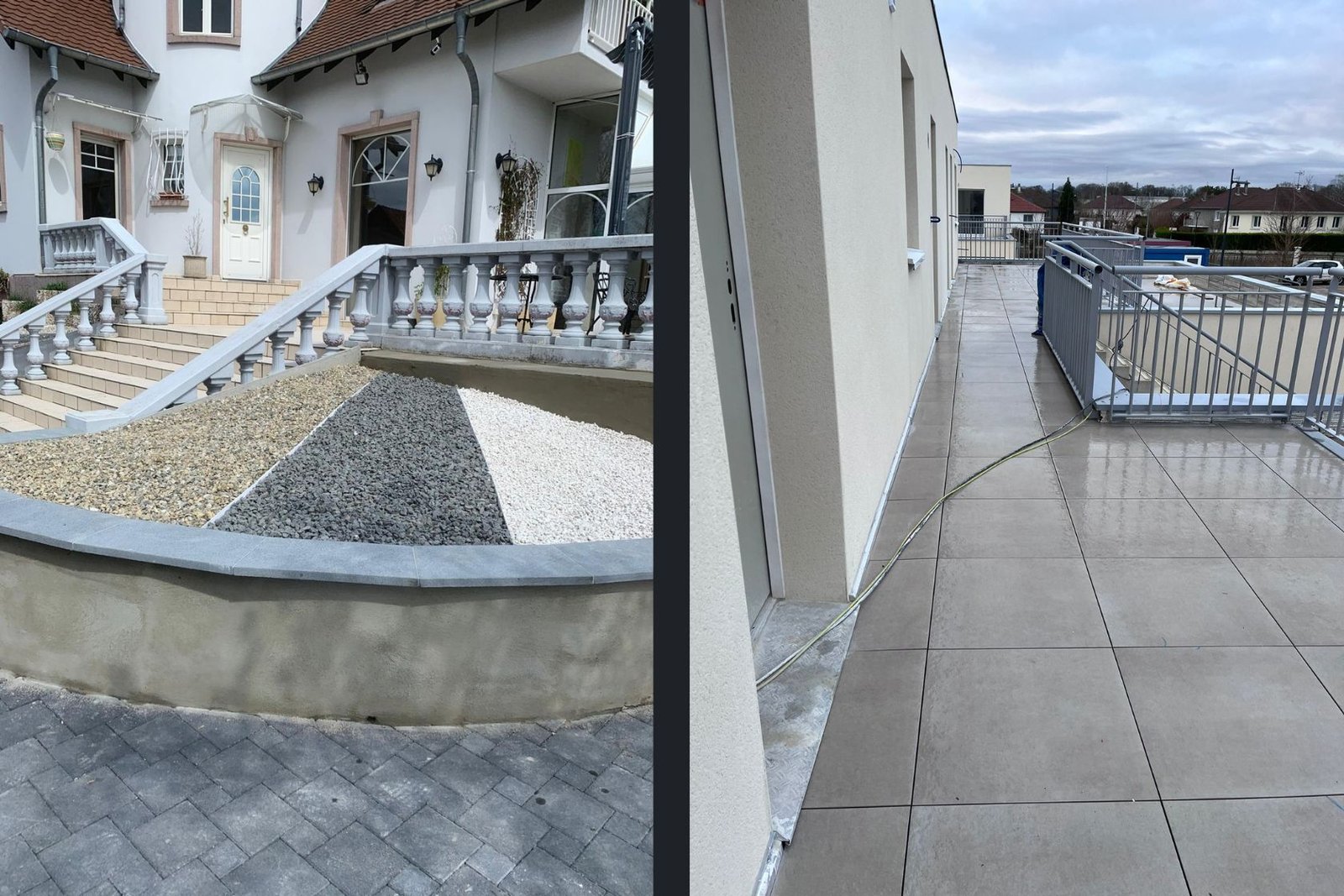 Terrasse extérieure carrelée avec garde-corps et aménagement minéral devant une maison rénovée en Alsace